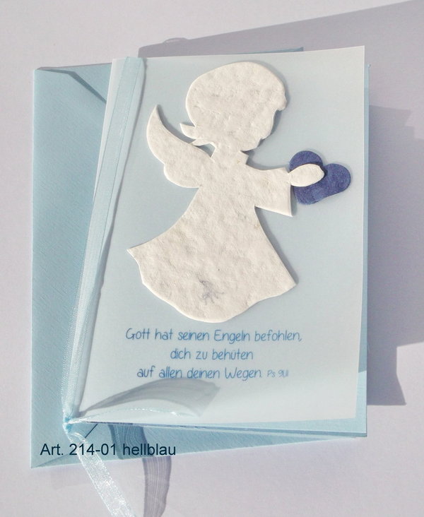 exclusive Karte mit Büttenengel und Spruch in hellblau