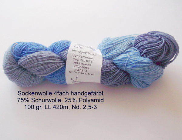 Sockenwolle 4fach handgefärbt blau blau
